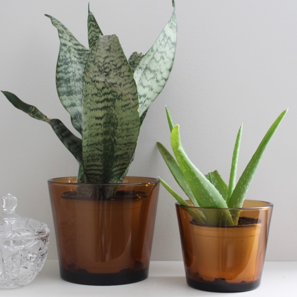Set 2 MCM Tawny Glass Plant Pots / Candle Holders